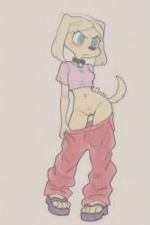 annoyed blonde_female blonde_hair blonde_hair_female brandy_harrington cute fur furry furry_female furry_tail platform_footwear platform_heels pussy red_pants sketch watercolor watercolor_(artwork)