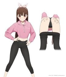 absurdres anus anus_peek ass bent_over black_panties black_pants blush bow_hairband brown_eyes brown_hair closed_mouth coro_fae female grabbing_own_ass hairband hands_on_own_hips highres hood hoodie iino_miko kaguya-sama_wa_kokurasetai_~tensai-tachi_no_renai_zunousen~ long_hair looking_at_viewer multiple_views navel panties pants pink_hairband pink_hoodie sweat underwear yoga_pants