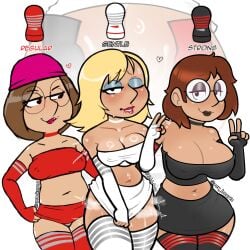 3girls arm_warmers biting_lip biting_own_lip choker collaboration family_guy groping groping_from_behind meg_griffin meg_griffin_(makeover) multiverse_meg peace_sign revhearts selfcest sprockeyart stockings sweat sweating sweaty tenga tenga_outfit tiddybaa_(artist) tube_top tubetop