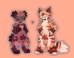anthro arm_tuft bear big_penis blush body_blush brown_body brown_fur cheek_tuft closed_eyes confident_male duo elbow_tuft eyewear facial_tuft fangs felid flaccid fluffy fluffy_ears fluffy_hair fluffy_tail foreskin fur genitals glasses hair heart_(marking) heart_symbol hybrid leg_markings male male/male mammal markings nervous nub_tail pantherine penis pubes simple_background slightlycoldtea small_penis smile socks_(marking) striped_markings striped_tail stripes tail tail_markings tan_body tan_fur teeth thick_thighs tiger tuft