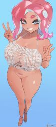 1girls absurd_res agent_8_(splatoon) belly big_breasts big_nipples blush bottomless breasts dark-skinned_female dark_skin eye_contact female female_only fringe_clothing grey_eyes half-closed_eyes half_naked heels jtveemo looking_at_viewer navel nintendo nipples octoling open_mouth pink_hair pose prehensile_hair pussy sharp_teeth smile solo splatoon splatoon_(series) tattoo teeth tentacle tentacle_hair thick_thighs v_sign watermark wide_hips