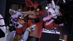 breasts female femboy five_nights_at_freddy's fox foxy_(fnaf) lolbit_(fnaf) male mangle_(fnaf) sfmmations trio withered_foxy