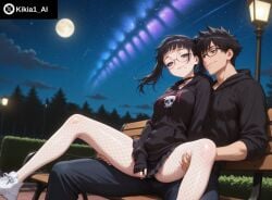 1boy 1girls ai_generated big_breasts black_hair black_mascara black_skirt choker female female_focus fishnet_pantyhose full_body glasses hoodie kikia1 looking_at_viewer mascara miniskirt on_bench outdoors oversized_clothes piercing round_breasts sitting_on_person skinny skirt sneakers spiked_hair spread_legs toned twintails