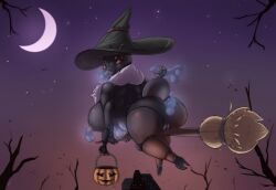 ass bare_tree breasts broom crescent_moon female from_behind halloween hat jack-o'-lantern moon night night_sky sky solo star_(sky) starry_sky tree witch_hat