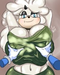 1boy 1girls alternate_costume anthro arms_behind_head belly_button big_breasts big_breasts black_nose blue_arms blue_eyes breasts breasts cleavage curvy curvy_body curvy_female erect_nipples eyelashes fur furry gloves grabbing_breast grabbing_breasts horn huge_boobs huge_breasts idw_comics idw_publishing lanolin_the_sheep lineart19 mammal sega sheep sheep_girl sheep_horns simple_background smile sonic_(series) sonic_the_hedgehog sonic_the_hedgehog_(comics) sonic_the_hedgehog_(idw) sonic_the_hedgehog_(series) sweat sweaty two_tone_body video_games white_body white_fur white_hair white_skin wide_hips wool wool_(fur)