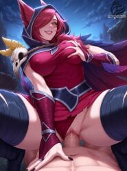 ai_generated big_breasts cowgirl_position erect_nipples groping league_of_legends nipples_visible_through_clothing vaginal_penetration xayah