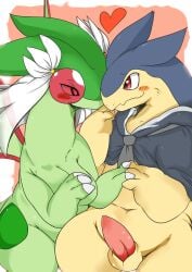 2019 anthro balls black_clothing blush blush_lines border bottomless breasts claws clothed clothing digital_media_(artwork) duo ears_back eye_contact female finger_claws flygon generation_2_pokemon generation_3_pokemon genitals green_body hand_holding heart_symbol hi_res kemono looking_at_another male male/female married_couple narrowed_eyes necktie nekonade nintendo penis pink_background pivoted_ears pokemon pokemon_(species) shaded shy simple_background simple_shading slightly_chubby slightly_chubby_female slightly_chubby_male tan_body tapering_penis topwear topwear_only typhlosion wedding_veil white_border wings