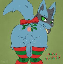 2025 anthro anus ass balls bent_over bodily_fluids butt_focus christmas clothing digital_media_(artwork) dripping erection fur generation_4_pokemon genital_fluids genitals hi_res holidays humanoid_genitalia humanoid_penis inviting leaking_precum legwear looking_at_viewer looking_back looking_back_at_viewer lucario male moodytail mostly_nude nintendo penis pokemon pokemon_(species) precum precum_drip presenting presenting_anus presenting_hindquarters presenting_penis raised_tail rear_view seductive simple_background solo standing stockings tail teasing