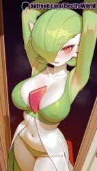 1girls 2025 ai_generated armpits arms_up artist_name blush breasts breasts breasts bust chest collarbone colored_skin electroworld female gardevoir green_hair green_skin hair_over_one_eye hi_res high_quality high_resolution highres navel nintendo open_mouth patreon patreon_username pokemon pokemon_(creature) red_eyes shiny_hair solo stable_diffusion sweat watermark white_skin