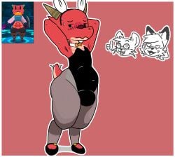 anthro atlyss being_watched blush blush_lines bodily_fluids bow_tie clothed clothing crossdressing fake_ears fake_rabbit_ears genital_outline gesture group hand_gesture hands_behind_head heart_eyes heart_symbol hi_res horn kubold_(atlyss) legwear looking_aside looking_at_another male mammal milesdesune navel playboy_bunny rodent solo solo_focus stockings sweat sweatdrop thick_thighs thumbs_up