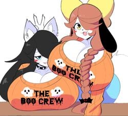 2girls big_breasts black_hair blush braid braided_hair choker cute dark_hair eyeliner face_on_chest furry giant_breasts halloween holly_applebee huge_breasts large_breasts looking_at_viewer maggie_applebee mother_and_daughter open_mouth sweater theycallhimcake thick thick_thighs white_background yellow_eyes