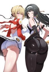 2girls absurdres ass astra_yao astra_yao_(cosplay) black_gloves black_hair black_pants blonde_hair breasts butt_crack cosplay costume_switch dress earrings elbow_gloves evelyn_chevalier evelyn_chevalier_(cosplay) female floating_hair from_behind gloves hairband highres jewelry large_breasts looking_at_viewer looking_back mole mole_under_eye multiple_girls panties pants purple_eyes red_eyes short_dress simple_background single_elbow_glove smile thigh_strap thighs tight_clothes tight_pants underwear white_background white_dress white_hairband white_panties yoruta_(yossy_puyo_holo) zenless_zone_zero