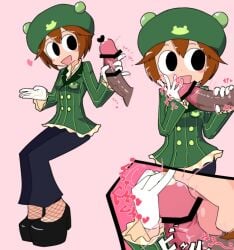:d bar_censor black_eyes blush brown_hair female gloves green_headwear hat identity_censor mega_man_battle_network open_mouth pantyhose penis pointless_censoring short_hair smile straight