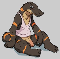 2016 alligator anthro bottomless claws clothed clothing crocodilian flaccid flookz grey_background male male_only penis piercing red_eyes reptile scalie shirt simple_background solo tank_top teeth