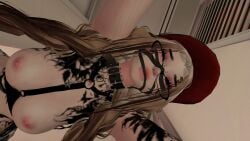 boobs_out bottom_pov face_bondage female_on_top harness leaning_over tattoo topless viewer_pov vrchat vrchat_avatar
