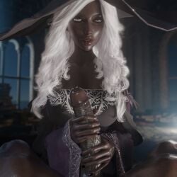 1boy 1boy1girl 1girls 3d 3d_(artwork) blender_(software) clothed_female_nude_male dark-skinned_female dark-skinned_male dark_skin elden_ring elden_ring_nightreign female handjob hat koyz3d long_hair looking_at_viewer male penis_grab recluse_(nightreign) self_upload white_hair witch witch_hat