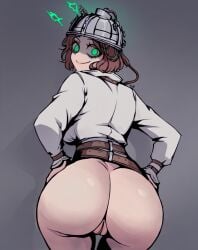 1girls absurd_res ai_generated alternate_version_available ass ass_focus bare_ass belt belts bottomless breasts breasts_visible_from_back brown_belt brown_hair creepy falsegate female green_eyes hands_on_hips helmet highres identity_v idv large_ass large_breasts looking_back metal_helmet no_pants official_alternate_costume pussy short_hair smile solo stable_diffusion straitjacket tracy_reznik white_shirt wide_hips wires