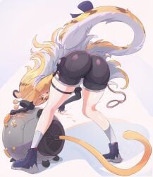 absurdres animal_ears ass bent_over black_gloves black_shorts blonde_hair blue_shoes female fingerless_gloves from_behind full_body glint gloves green_eyes highres jacket ju_fufu kara_mana0 long_hair shoes shorts simple_background socks solo tail thigh_strap tiger_ears tiger_girl tiger_tail white_hair white_socks yellow_jacket zenless_zone_zero
