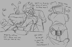 2boys bent_over deltarune deltarune_chapter_3 gay monochrome multiple_views sketch_page spamton_g_spamton tenna_(deltarune) tv_head yaoi