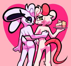 2024 4_fingers anthro anthro_on_anthro backsack balls big_penis black_eyes black_inner_ear black_nose bodily_fluids cake dessert duo erection femboy fingers food fur genital_fluids genitals glans green_eyes hair half-closed_eyes hand_on_back heart_background heart_symbol hi_res hip_grab holding_plate lagomorph leporid looking_back male male/male mammal murid murine narrowed_eyes penis pink_body precum rabbit raised_hand rat rear_view reggie_(whygena) rodent simple_background smile tips_touching ultrabirbz white_balls white_body white_fur white_glans white_hair white_penis