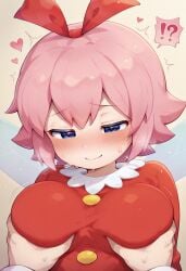 !? 1girls ai_generated blush fairy fairy_wings grabbing_another's_breast heart kirby_(series) kirby_64 kirby_64:_the_crystal_shards nervous_smile pink_hair pov ribbon_(kirby)