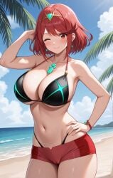 1girl ;) ;\\\\\\\\) ai-created ai_generated arm_behind_head armpits bangs bare_arms bare_shoulders beach bikini black_bikini black_swimsuit blue_sky blush bodily_fluids bracelet breasts cameltoe chest_jewel clavicle cleavage closed_mouth clothing cloud cowboy_shot crown day drop_earrings earrings eyebrows female female_only halterneck hand_on_hip hand_on_own_hip headpiece headwear high_resolution highleg highleg_bikini highleg_swimsuit homura_(xenoblade_2) huge_breasts jewelry large_breasts looking_at_viewer micro_shorts midriff navel ocean one_eye_closed outdoors palm_tree portrait pyra_(xenoblade) red_bikini red_eyes red_hair red_shorts red_swimsuit rena_aikawa_(pixiv_user) sand shiny shiny_skin shore short_hair short_shorts shorts skindentation sky smile solo standing stomach sunlight sweat swept_bangs swimsuit thick_thighs thigh_gap thighs tiara tree underboob water wet wink xeno_(series) xenoblade_(series) xenoblade_chronicles_2