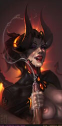 alternate_costume areolae breasts cum cum_on_face cumshot devil_mercy erection facial female handjob horns lipstick looking_at_viewer male mercy nipples overwatch penis pov red_lipstick sabudenego straight tail tongue tongue_out