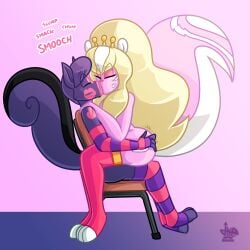 2boys 2d 2d_(artwork) 2d_artwork aphrodite_(jamearts) big_hair blonde_hair blonde_hair_male chair closed_eyes crossdressing crossdressing_male crown curvy curvy_body curvy_figure digital_drawing_(artwork) digital_media_(artwork) drag_queen eyelashes eyeshadow feminine_body feminine_male furry furry_male furry_only gay gay_kiss gay_kissing gay_male grabbing_another's_ass hands_on_shoulders jamearts jimmy’s_sloppy_life kiss_mark kissing kissing legwear long_hair non-human pink_body pink_eyeshadow pink_fur pink_lips pink_lipstick pink_lipstick_mark purple_body purple_fur purple_hair short_hair sitting sitting_on_chair sitting_on_lap sitting_on_person skunk_boy skunk_tail stockings topless topless_male