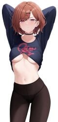 arms_up belly_button blue_shirt blush breasts brown_hair choker collarbone earrings hairpin higuchi_madoka idolmaster idolmaster_shiny_colors no_bra panties panties_under_pantyhose pantyhose partial_male purple_eyes riogu7t shirt short_hair thighs underboob underwear