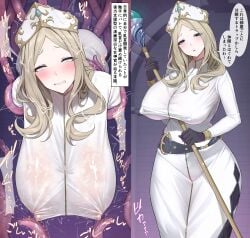 arms_behind_back big_breasts black_gloves blonde_female blonde_hair blue_eyes blush blush clenched_teeth clothed clothed_female clothed_sex clothing cum_on_hair curvy eyes_rolling_back fuimaruuu gloves hourglass_figure hourglass_figured_female instant_loss_2koma japanese_text light_brown_hair long_breasts long_hair long_sleeves milf nipple_play nipple_stimulation nipples nipples_visible_through_clothing original priestess restrained restrained_arms restrained_by_tentacles restraints stimulation tentacle text text_box text_bubble trembling twitching white_clothing white_dress