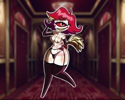 cyclops_girl demon_girl fat_ass hazbin_hotel hotel_room lingerie naked_female niffty pretty_girl red_dress red_hair short_girl short_hair slut small_breasts thick_legs tiny_tits white_body whore_eyes