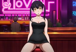 1girls ai_generated alcohol bar bar_stool bartender black_dress black_hair blush cleavage dress duderu en'en_no_shouboutai enen_no_shouboutai exhibitionism female female_only fire_force hi_res high_quality high_resolution highres indoors kotatsu_tamaki looking_at_viewer neon_lights orange_eyes parted_lips public_exposure public_indecency pussy short_dress sitting skin_tight solo solo_female strapless tamaki_kotatsu thighs twintails vagina yellow_eyes