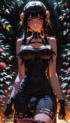 1futa ai_generated black_dress black_hair blush earrings eyebrows eyelashes flaccid fringe futa_focus futa_only futanari hair_between_eyes hair_ornament manofmidas penis_bulge red_eyes roses solo solo_focus solo_futa spy_x_family uncensored yor_briar yor_forger