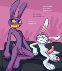 bunny_boy color dialogue furry gay jax_(the_amazing_digital_circus) lagomorph max_(sam_and_max) paws penis presenting sitting the_amazing_digital_circus tw1nkd3m0n