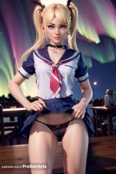 1girls ai_generated artist_name ass_visible_through_thighs aurora black_panties black_ribbon blonde_hair blue_eyes blue_skirt blurry blurry_background breasts cameltoe choker clothes_lift collarbone cross cross_choker dead_or_alive dead_or_alive_5 dead_or_alive_5_last_round dead_or_alive_6 earrings hair_ornament hair_ribbon hi_res highleg_panties jewelry lifted_by_self lips long_hair looking_at_viewer marie_rose night panties patreon_username pleated_skirt progenarts ribbon sailor_collar school_uniform serafuku shirt short_sleeves skirt skirt_lift small_breasts smile solo standing table teapot twintails underwear x_hair_ornament