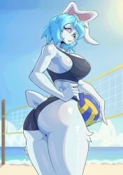 2025 anthro armpits ass beatrice_(sozokuu) big_breasts blue_hair blush blushing_at_viewer bra breasts butt chest_tuft clothed clothing cute fat_ass female fingers fur furry furry_female furry_only hair hi_res hot humanoid_feet lagomorph leporid long_ears looking_at_viewer mammal pink_eyes rabbit short_hair small_waist solo sozokuu sweatdrop sweaty sweaty_body sweaty_breasts thick thick_ass thick_legs thick_thighs thighs thong thunder_thighs volleyball wet white_body white_fur wide_hips
