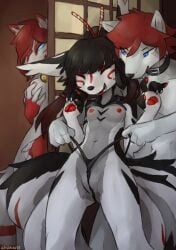 2025 4_fingers absurd_res anthro anthro_on_anthro areola being_watched biped black_body black_fur black_hair blue_eyes blue_sclera breasts canid canine canis clenched_teeth closed_eyes clothed clothed_anthro clothed_female clothing collar collar_only countershade_fur countershade_torso countershading digital_media_(artwork) ear_tuft feet female fingers fox_spirit fur genitals grey_body grey_fur group hair hand_on_breast hand_on_own_breast hi_res inside lewin_(sealer4258) looking_at_another male male/female mammal masturbation multi_tail multicolored_body multicolored_fur navel nipples nude nude_anthro nude_female nude_male open_mouth panties panties_only pantsless pantsless_anthro pantsless_female partially_clothed partially_clothed_anthro partially_clothed_female pussy rana_(sealer4258) red_hair sayua_illuma sealer4258 sex sitting small_breasts spread_legs spreading tail teeth toes tongue topless topless_anthro topless_female trio tuft underwear underwear_only vaginal_masturbation vaginal_penetration vulva white_body white_fur wolf