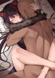 1boy :o absurdres animal_ears black_dress blush brown_hair clothed_sex commentary_request condom dog_ears dress ekibyoudayo faceless faceless_male female hand_on_another's_head happy_sex highres hug inui_toko inui_toko_(5th_costume) lace_sleeves leg_lock long_hair low_twintails male missionary nijisanji official_alternate_costume on_bed open_mouth paid_reward_available see-through_clothes see-through_sleeves sex solo_focus straight swept_bangs twintails used_condom very_long_hair virtual_youtuber