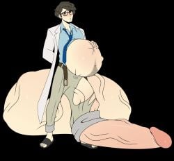 arm_behind_back balls belt_unbuckled brown_eyes brown_hair facial_hair glasses hand_on_pregnant_belly happy_trail hyper hyper_balls hyper_penis kicking_(pregnancy) labcoat looking_at_viewer male male_focus male_only male_pregnancy maruki_takuto mostly_clothed mpreg necktie penis penis_out_of_pants persona persona_5 pregnant_male sandals solo solo_focus solo_male torn_clothes veiny_balls veiny_penis yuunsfw