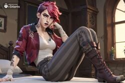 1girls ai_generated arcane arcane_vi arm_tattoo artist_name asymmetrical_hair bandaged_arm bandages bed belt black_pants boots breasts brown_footwear character_name cleavage collarbone ear_piercing earrings facial_tattoo hi_res indoors jacket jewelry knee_boots knees_up league_of_legends lips looking_at_viewer medium_breasts neck_tattoo netflix nose_piercing on_bed open_clothes open_jacket pants piercing pillow pink_hair plant potted_plant r34arts red_hair red_jacket riot_games shirt short_hair sitting solo striped_clothes striped_pants tattoo teeth undercut vertical-striped_pants vi vi_(league_of_legends) watermark web_address white_shirt window