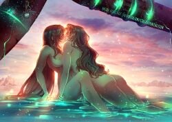 2girls aerith_gainsborough ass black_hair blush bracelet breasts brown_hair cherryinthesun closed_eyes cloud cloudy_sky completely_nude final_fantasy final_fantasy_vii jewelry kissing large_breasts long_hair multiple_girls nude outdoors sky tifa_lockhart very_long_hair water wavy_hair wet yuri