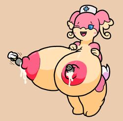 2017 anthro ass audino big_breasts big_butt blue_eyes blush breasts erect_nipples female huge_breasts hyper hyper_breasts lactation mammal milk mr.under nintendo nipple_plugs nipples nude nurse open_mouth pokémon_(species) pokemon simple_background smile solo video_games