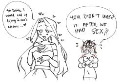 2girls alien_stage blush dress english_text greyscale heart mizi_(alien_stage) off-shoulder_dress offscreen_sex sketch sua_(alien_stage) surprised yuri