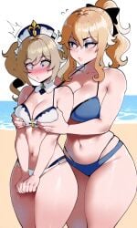 2girls ai_generated barbara_(genshin_impact) beach big_breasts bikini blonde_hair blue_eyes blush boob_grab breasts cleavage day daytime female genshin_impact groping groping_breasts hair_ornament hair_ribbon hat incest jean_gunnhildr older_sister older_sister_and_younger_sister pigtails pixai ponytail self_upload shocked shocked_expression sisters sisters_(lore) superdomfuta thick_thighs younger_sister yuri