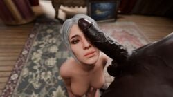 3d baldur's_gate baldur's_gate_3 big_penis big_penis_adoration cock_worship dark-skinned_male derpderp green_eyes interracial interracial_sex looking_at_viewer penis_on_face shadowheart white_hair white_hair_female