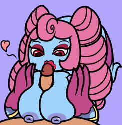 2017 areola big_breasts blue_skin breasts claws drill_hair duo fayemelina female hair humanoid kiss_mark kissing lipstick makeup male monster monster_legends mr.under nipples oral paizuri penis pink_hair red_eyes sex simple_background straight video_games