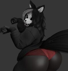 1girls 3d anthro ass big_ass black_body black_hair dat_ass ears female furry huge_ass long_hair looking_at_viewer looking_back mal0 malo posing scp-1471 scp-1471-a scp_foundation skull_head steamybroth tail wolf wolf_girl