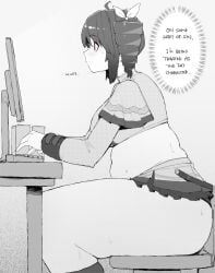1_girl 1girls ass bbw belly belly_button big_ass big_belly big_breasts big_butt breasts cans chair chubby chubby_female computer digital_drawing_(artwork) digital_media_(artwork) fat fat_ass fat_butt fat_female fat_legs fatass female horizontal_navel huge_ass huge_butt kasane_teto kasane_teto_(sv) keyboard keyboard_(computer) miniskirt monochrome navel ohasi ohasiart overweight overweight_female panties red_eyes soda_can teto text text_bubble thick_ass thick_butt thick_hips thick_legs thick_thighs twintails typing utau utauloid wide_hips