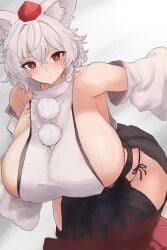 1girls animal_ears big_breasts breasts clothed_female female hat huge_breasts light-skinned_female momiji_inubashiri moriforest1040 red_eyes sideboob solo solo_female sweaty_breasts thick_thighs thighs touhou white_background white_hair wolf_ears wolf_girl