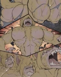 absurd_res anthro bandifaco big_muscles canid canine clothing comic female fur genitals growth hi_res mammal muscular muscular_anthro muscular_female mythological_canine mythological_creature mythology open_mouth snout snout_growth solo teeth thick_thighs torn_clothing transformation transformation_sequence vulva werecanid werecanine werecreature werewolf yellow_body yellow_fur